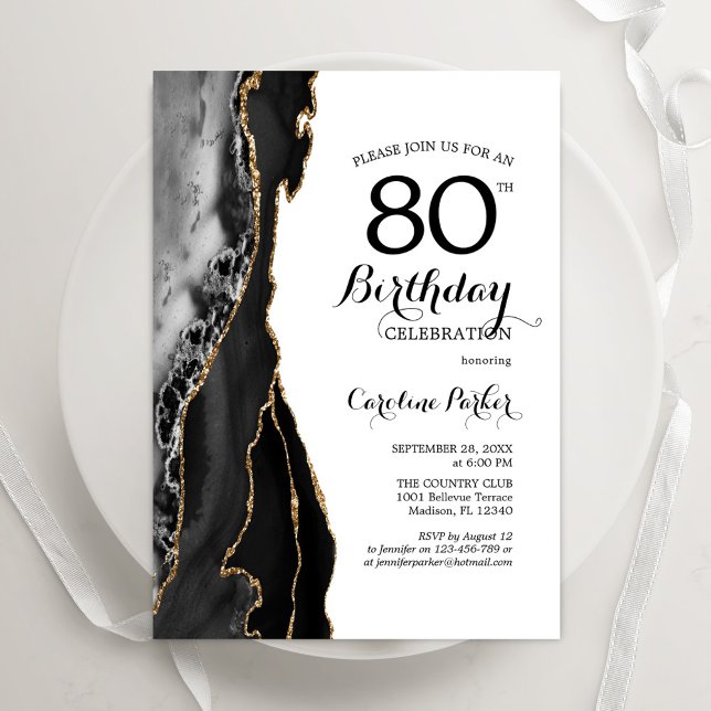 Invitation Black Agate White Gold 80e anniversaire (Créateur téléchargé)