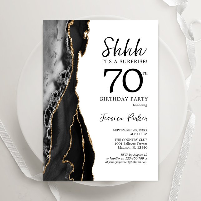 Invitation Black Agate White Gold Surprise 70e anniversaire (Créateur téléchargé)