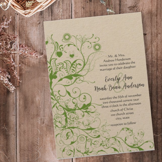 Invitation Black and Apple Green Bird Swirl Weddin (Créateur téléchargé)