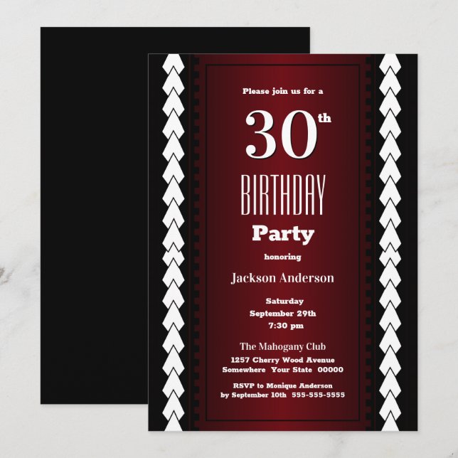 Invitation Black and Burgundy 30th Birthday Party (Devant / Derrière)