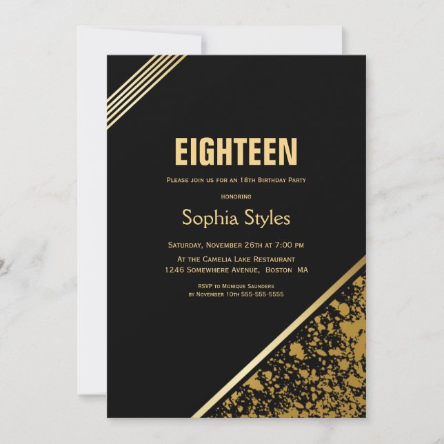 Invitation Black and Gold 18th Birthday Party (Devant)