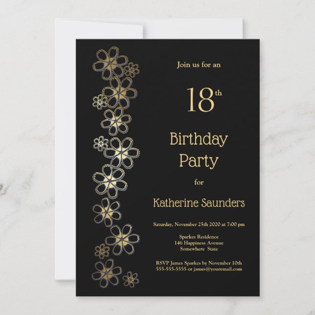 Invitation Black and Gold 18th Birthday Party (Devant)