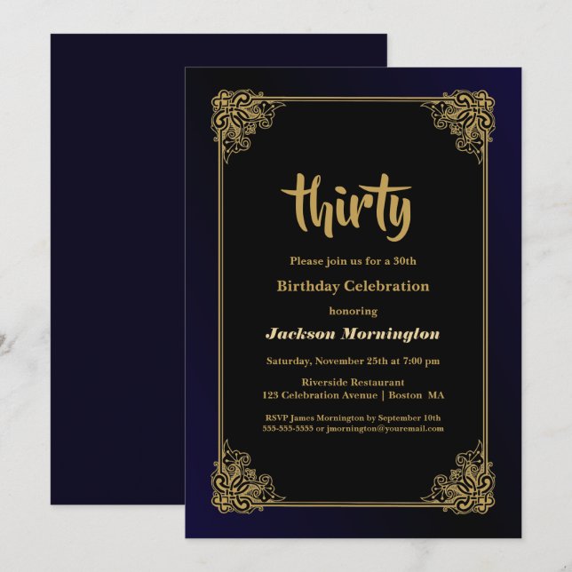 Invitation Black and Gold 30th Birthday Party (Devant / Derrière)