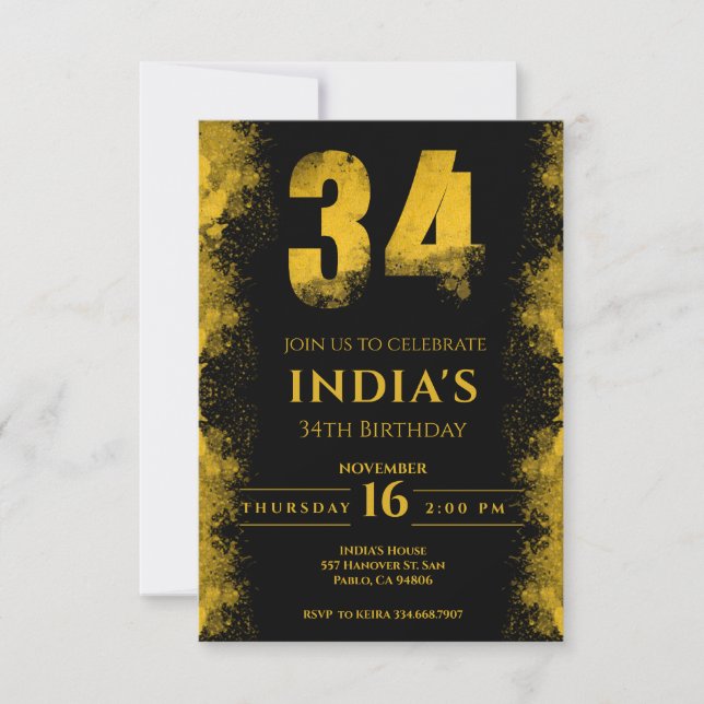 Invitation Black And Gold 34th Birthday Party (Devant)