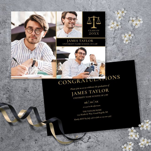 Invitation Black And Gold 3 Photo Law School Graduation Party (Black And Gold 3 Photo Law School Graduation Party Invitation)