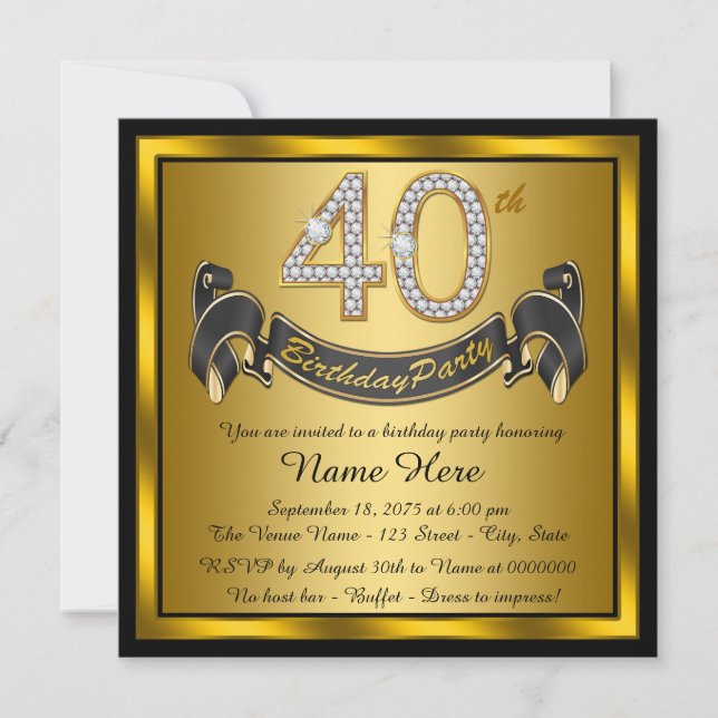 Invitation Black and Gold 40th Birthday Party (Devant)