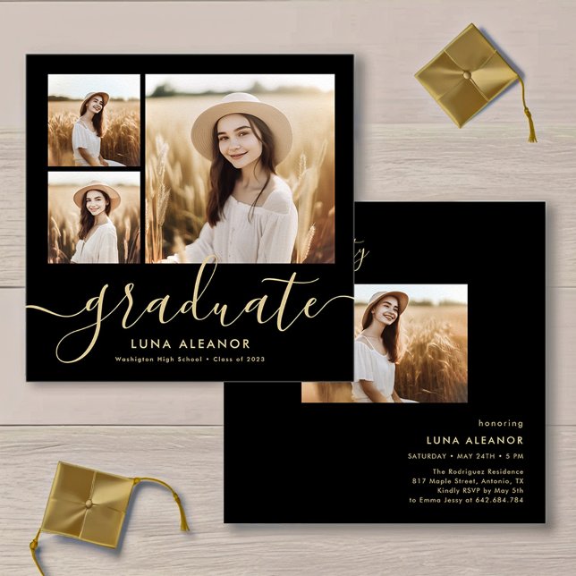 Invitation Black and Gold 4 Photo Graduation Party (Créateur téléchargé)