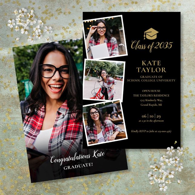 Invitation Black And Gold 4 Photo Graduation Party (Black And Gold 4 Photo Graduation Party Invitation)