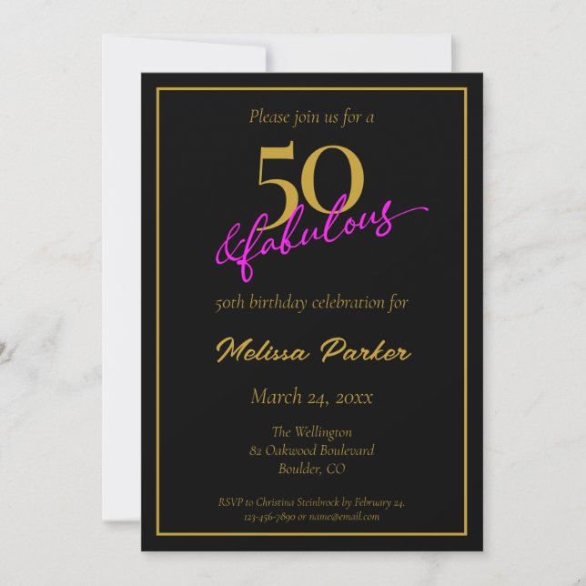 Invitation Black and Gold 50 et Fabuleux 50e anniversaire (Devant)
