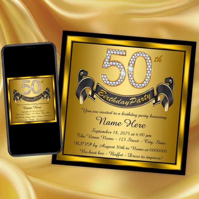 Invitation Black and Gold 50th Birthday Party (Black and gold 50th birthday invitation. Instant download and printed invitations available.)