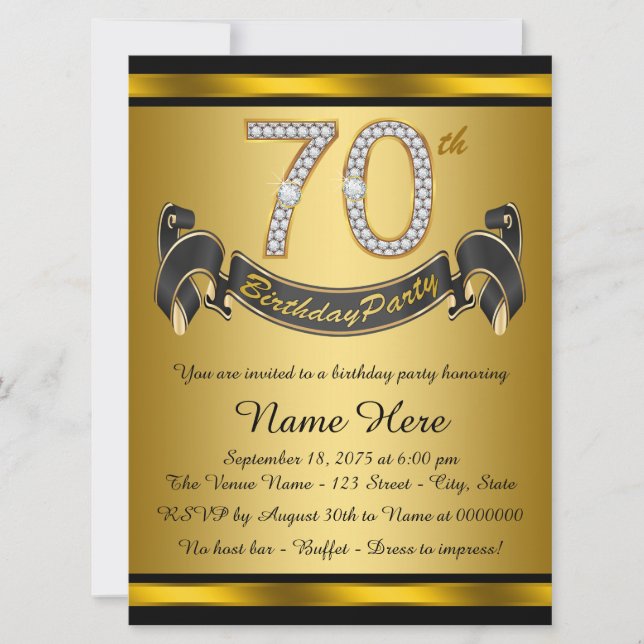 Invitation Black and Gold 70th Birthday Party (Devant)