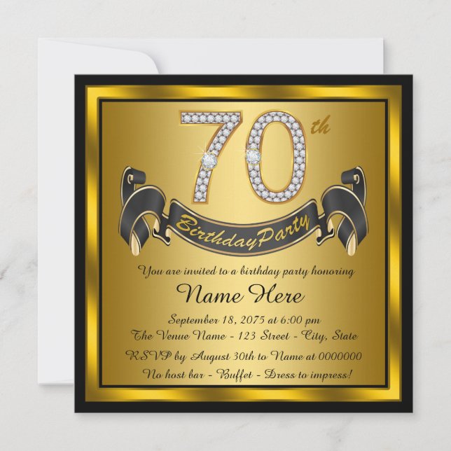 Invitation Black and Gold 70th Birthday Party (Devant)