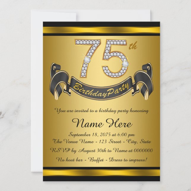Invitation Black and Gold 75th Birthday Party (Devant)
