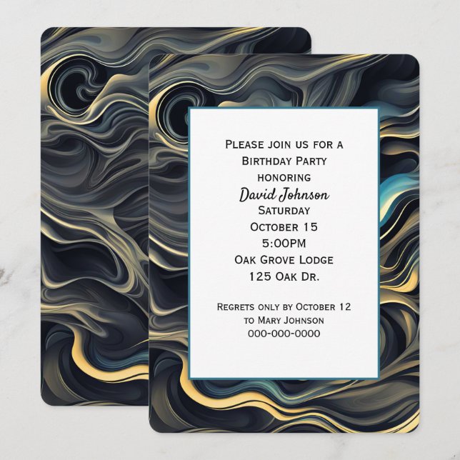 Invitation Black and Gold Abstrait Birthday Party (Devant / Derrière)