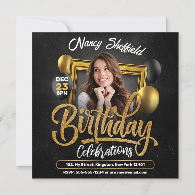 Invitation Black and Gold Anniversaire Fête Femme Photo (Devant)