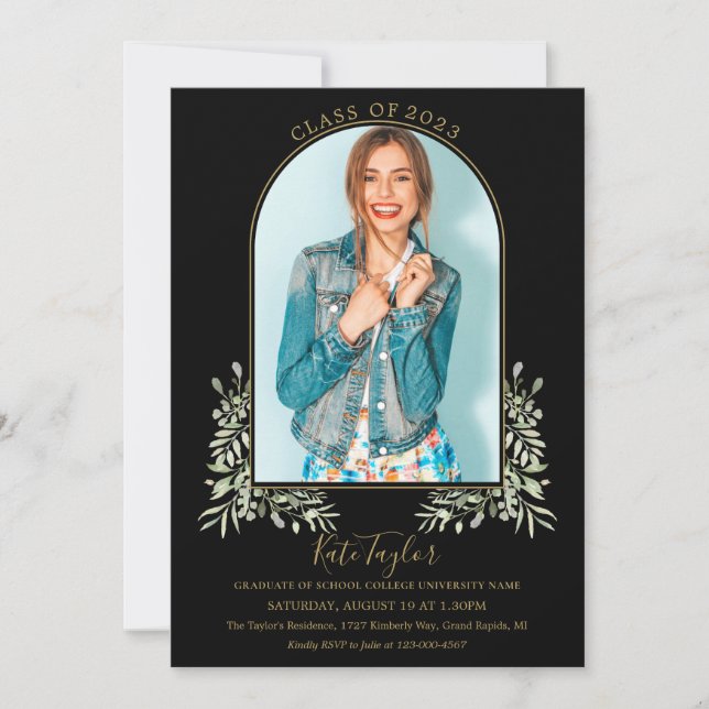 Invitation Black And Gold Arch Foliage Photo Graduation Party (Devant)