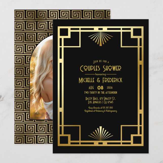 Invitation Black and Gold Art Deco Couples Shower Photo (Devant / Derrière)