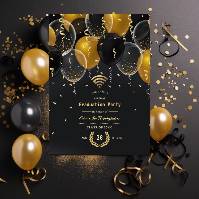 Invitation Black and Gold Balloon Virtual Graduation Party (Créateur téléchargé)