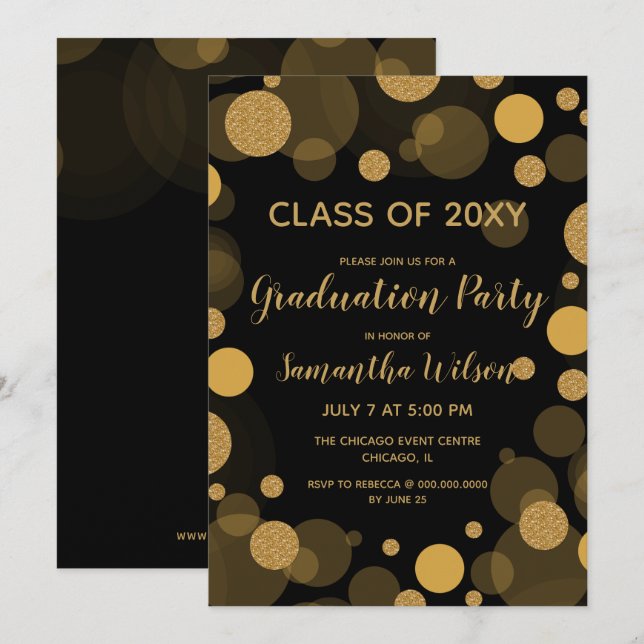 Invitation Black and Gold Bokeh Lights Graduation Party (Devant / Derrière)