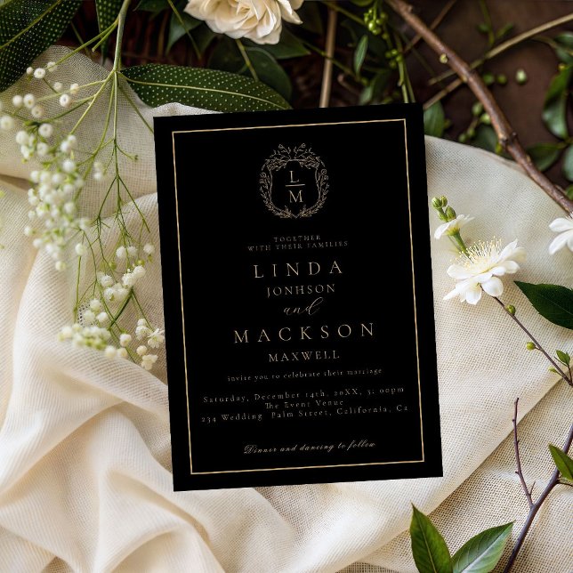 Invitation Black and gold botanical crest monogram wedding (Créateur téléchargé)