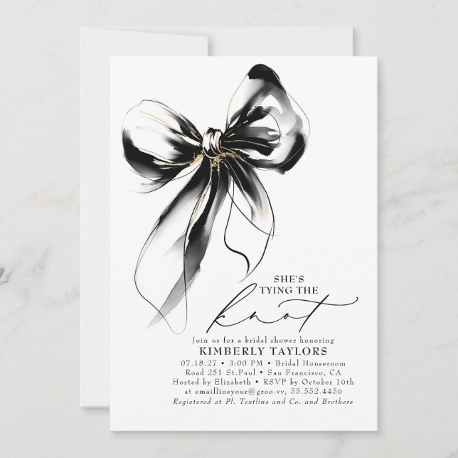 Invitation Black and Gold Bow Elegant Whimsical Bridal Shower (Devant)