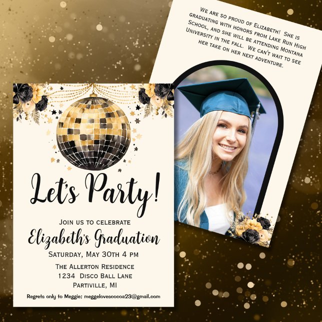 Invitation Black and Gold Disco Ball Photo Graduation Party (Créateur téléchargé)