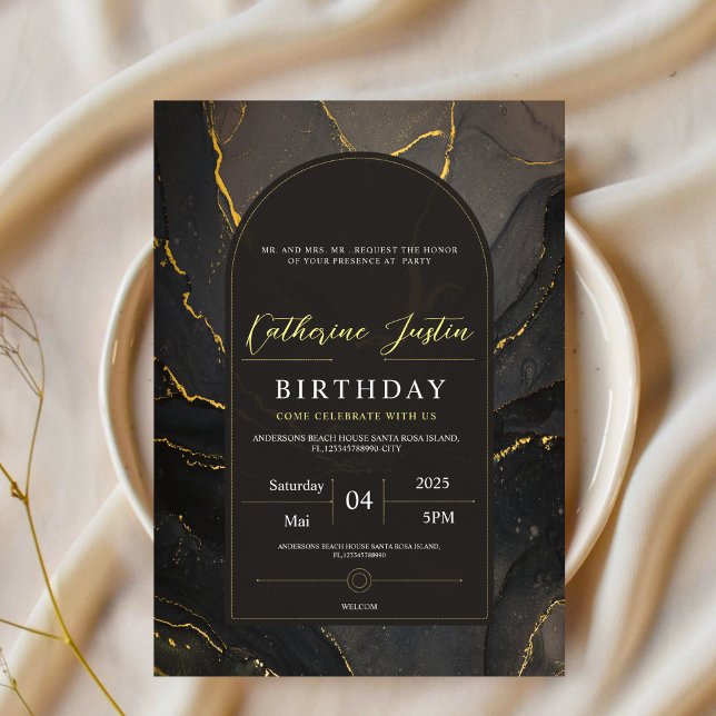 Invitation Black and Gold Elegant Luxe Marbre chic party (Créateur téléchargé)