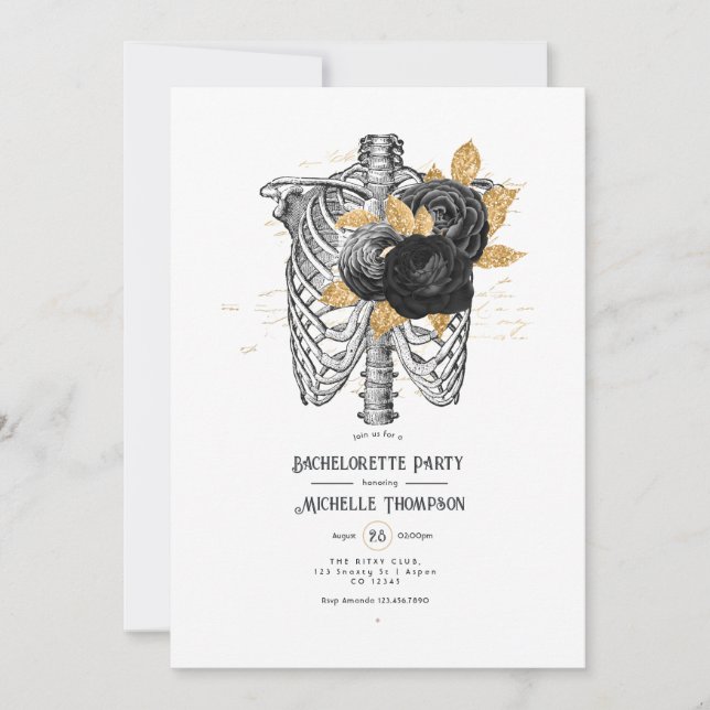 Invitation Black and Gold Floral Gothique Bachelorette Party (Devant)