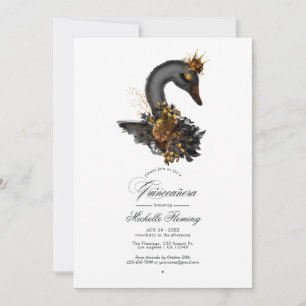 Invitation Black and Gold Floral Swan Quinceañera Photo