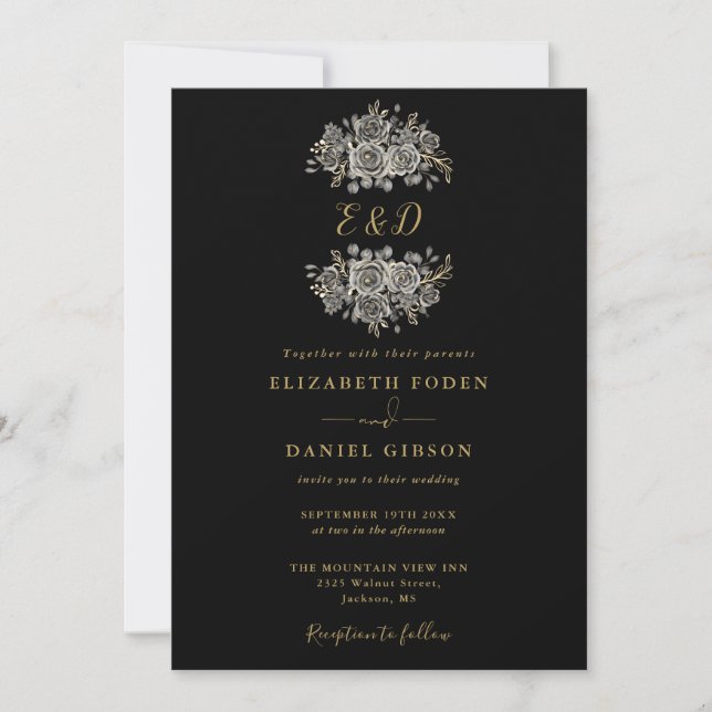 Invitation Black And Gold Gothic Floral Monogram Wedding (Devant)