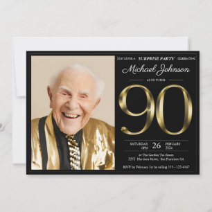 Invitation Black and Gold Photo 90th Birthday Surprise Party