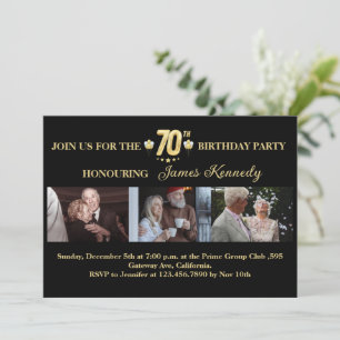 Invitation Black and Gold Photo Collage 70th Birthday Party