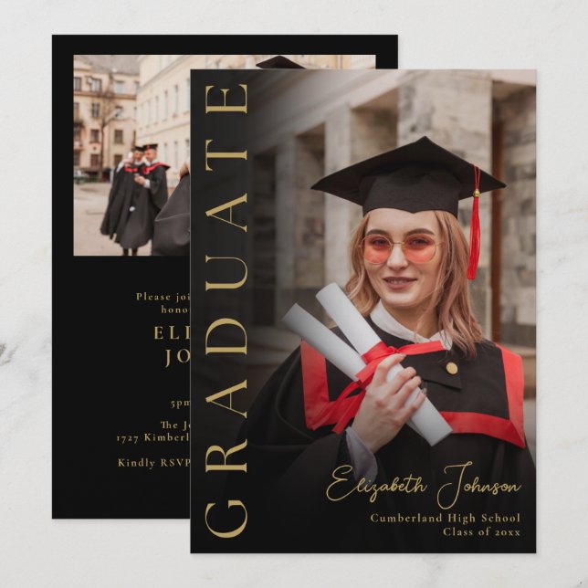 Invitation Black And Gold Photo Graduation Party (Devant / Derrière)