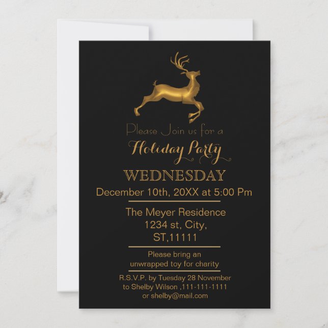 Invitation Black and Gold Reindeer fête de vacances Invitatio (Devant)