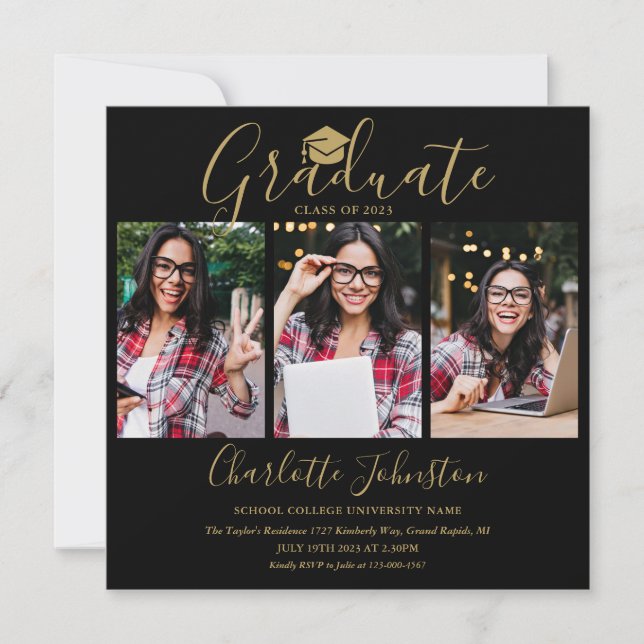 Invitation Black And Gold Script 4 Photo Graduation Party (Devant)