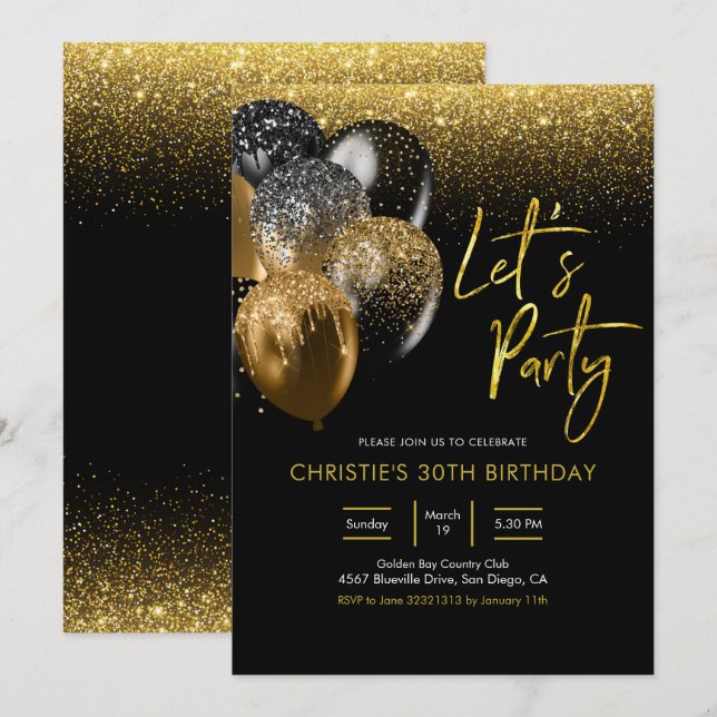 Invitation Black and Gold Sparkling Faisons la fête Invitatio (Devant / Derrière)