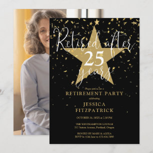 Invitation Black And Gold Stars Photo Retirement Party