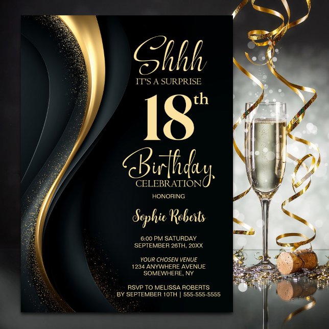 Invitation Black and Gold Surprise 18th Birthday Party (Créateur téléchargé)