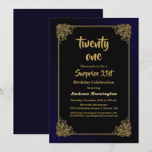Invitation Black and Gold Surprise 21e fête d'anniversaire