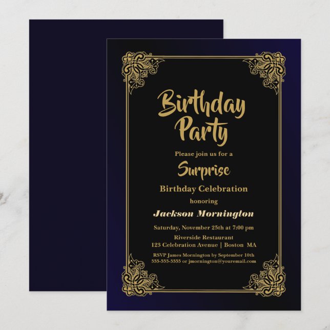 Invitation Black and Gold Surprise Anniversaire (Devant / Derrière)