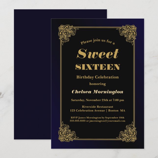 Invitation Black and Gold Sweet 16 Anniversaire (Devant / Derrière)