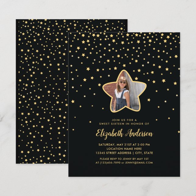 Invitation Black and Gold Sweet 16 Superstar Photo Anniversai (Devant / Derrière)