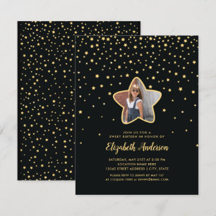 Invitation Black and Gold Sweet 16 Superstar Photo Anniversai