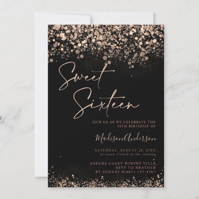 Invitation Black and Gold Sweet 16e Anniversaire photo élégan (Devant)