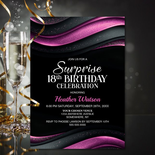 Invitation Black and Pink Surprise 18th Birthday Party (Créateur téléchargé)