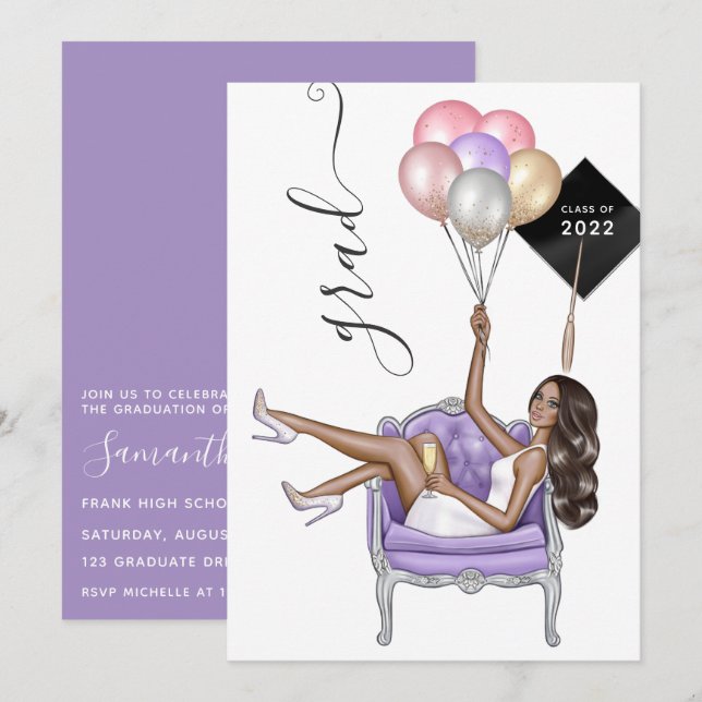 Invitation Black and Purple African American Girl Graduation (Devant / Derrière)