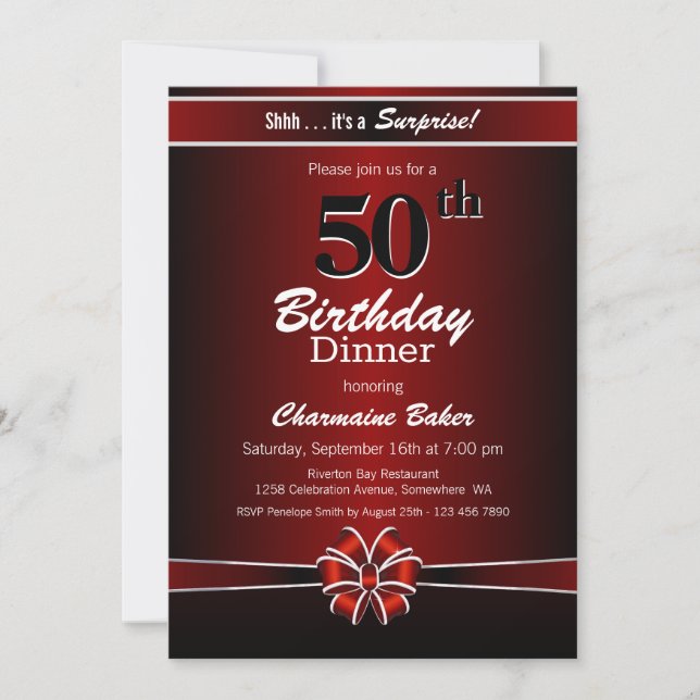 Invitation Black and Red Surprise 50e anniversaire Diner Part (Devant)