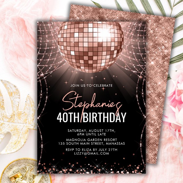 Invitation Black and Rose Gold Disco Ball 40e fête d'annivers (Créateur téléchargé)