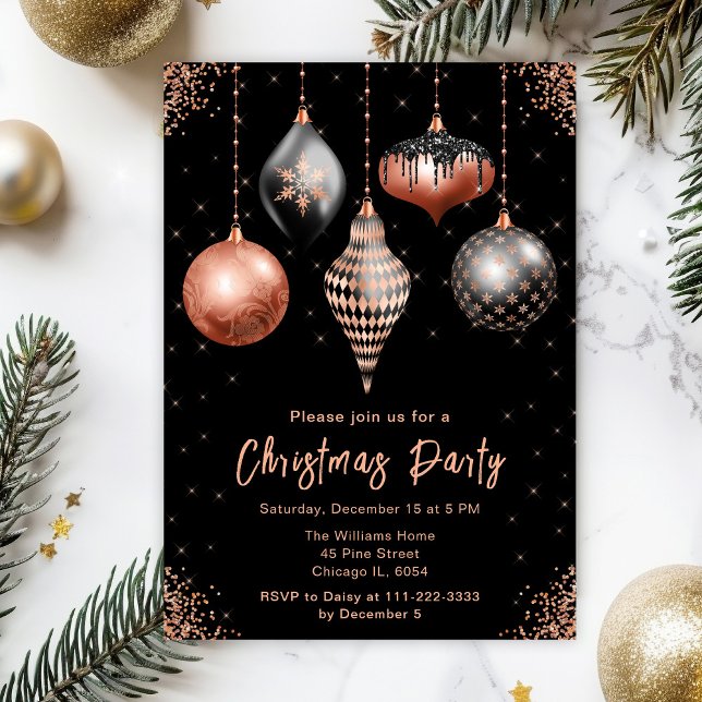 Invitation Black and Rose Gold Ornaments Christmas Party (Créateur téléchargé)