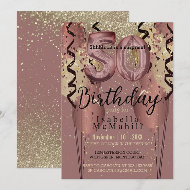 Invitation Black and Rose Gold Parties scintillant 50e annive (Devant / Derrière)